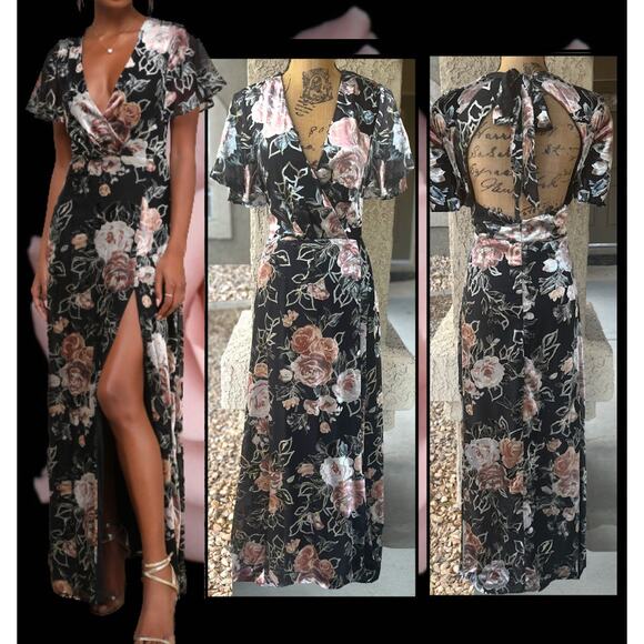 TUE Lulus Black Velvet Floral Glittering Gold Tie-Back Maxi Dress Size XL - Picture 1 of 10